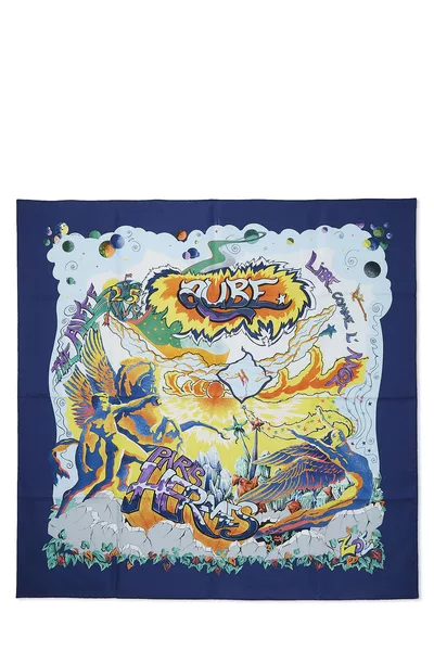 Blue & Multicolor 'Alfee Aube Libre Comme L'Ange' Silk Scarf 90