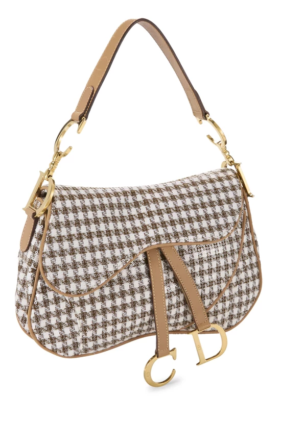 Brown Houndstooth Tweed Double Saddle Bag, , large image number 1