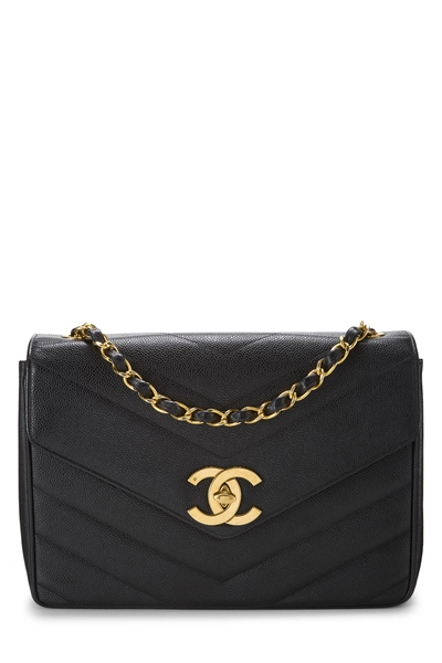 Chanel Black Caviar Chevron Flap Jumbo