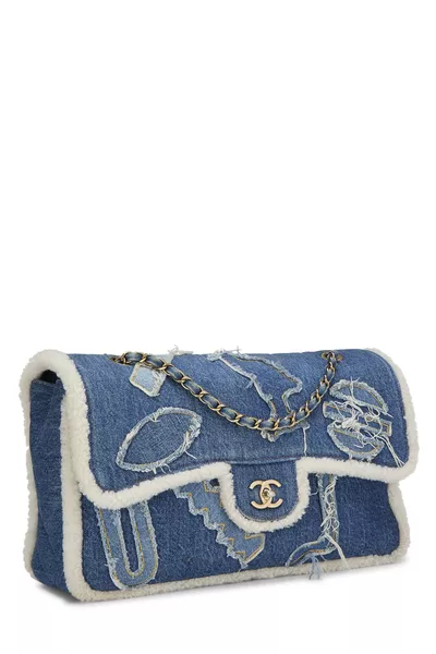Paris-Egypt Blue Denim & Shearling Hieroglyph Flap Maxi, , large