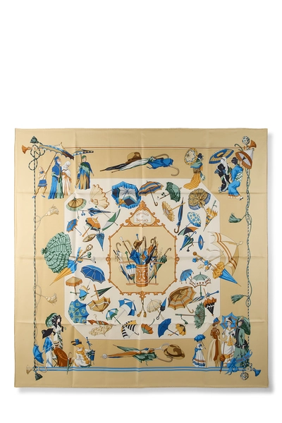 Beige & Multicolor 'Ombrelles et Parapluies' Silk Scarf 90