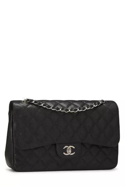 Black Quilted Caviar New Classic Double Flap Jumbo, , large