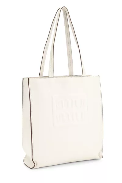 White Calfskin Embossed Logo Tote, , large