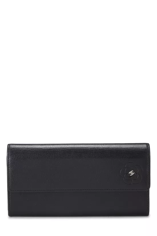 Black Embossed Camellia Calfskin Leather Wallet, , large image number 0