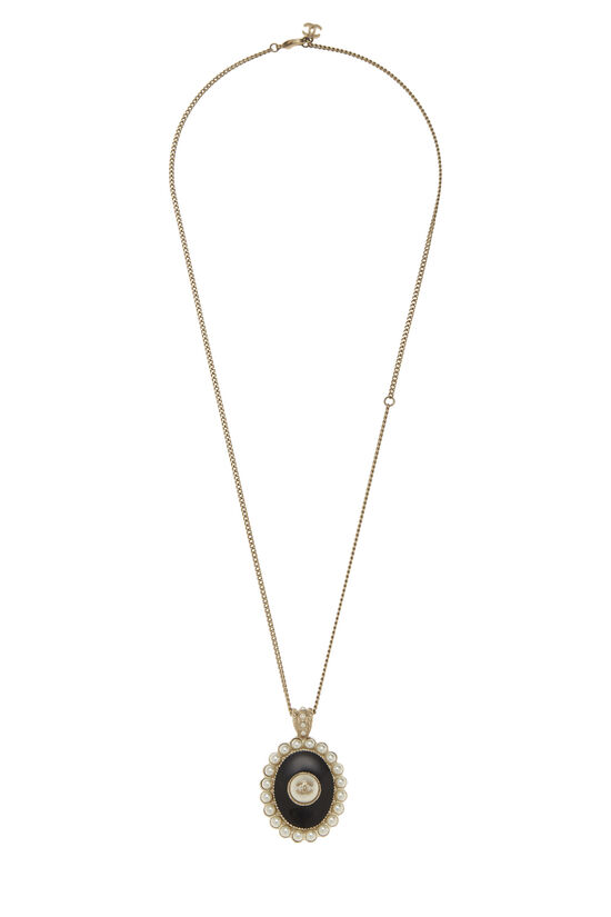Black Enamel & Faux Pearl Oval Pendant Necklace