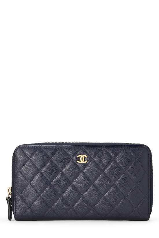 Navy Quilted Caviar Zip Around Wallet, , large image number 0