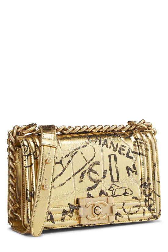 Chanel Metallic Gold Graffiti Crocodile-Embossed Medium Boy Bag –  FashionsZila