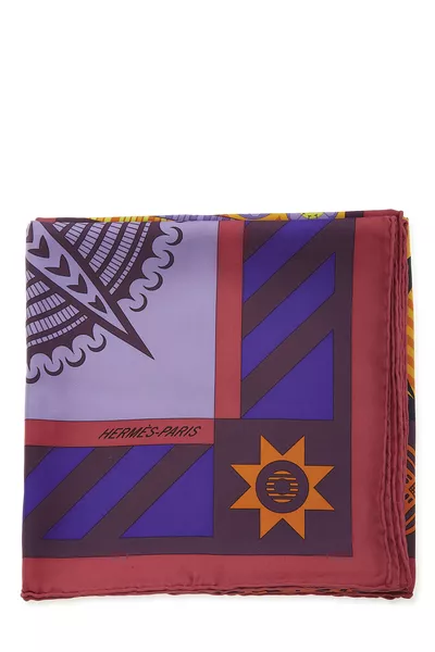 Purple & Multicolor 'Geometrie Cretoise' Silk Scarf 90, , large