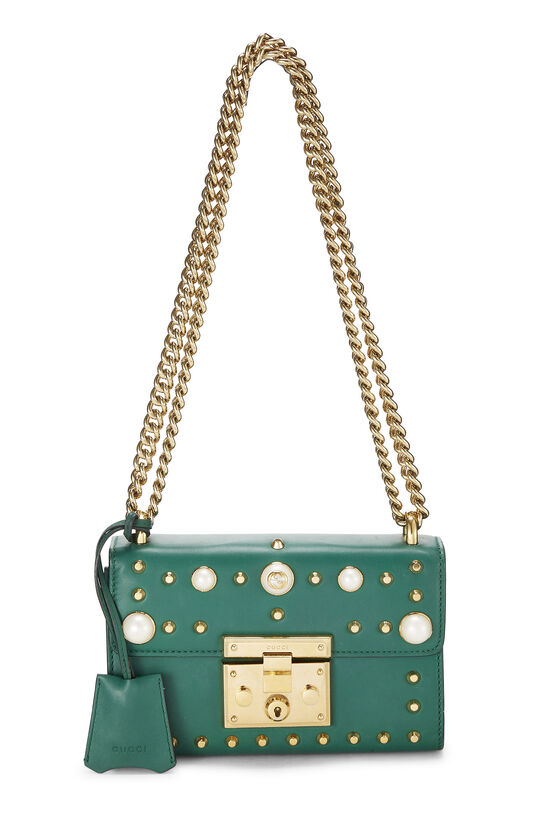 Gucci Green Leather Studded Padlock Shoulder Bag Small QFBJUYC9GH000
