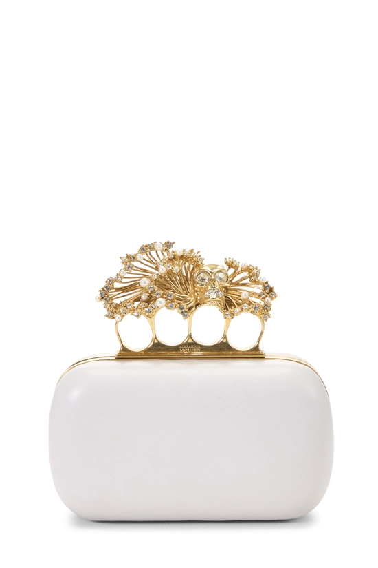 White Leather Oval Knuckle Clutch, , large image number 0