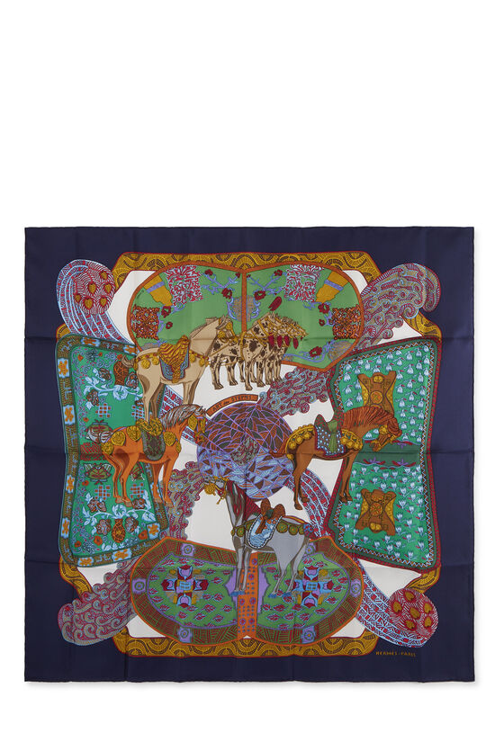 Navy & Multicolor 'Art des Steppes' Silk Scarf 90, , large image number 0