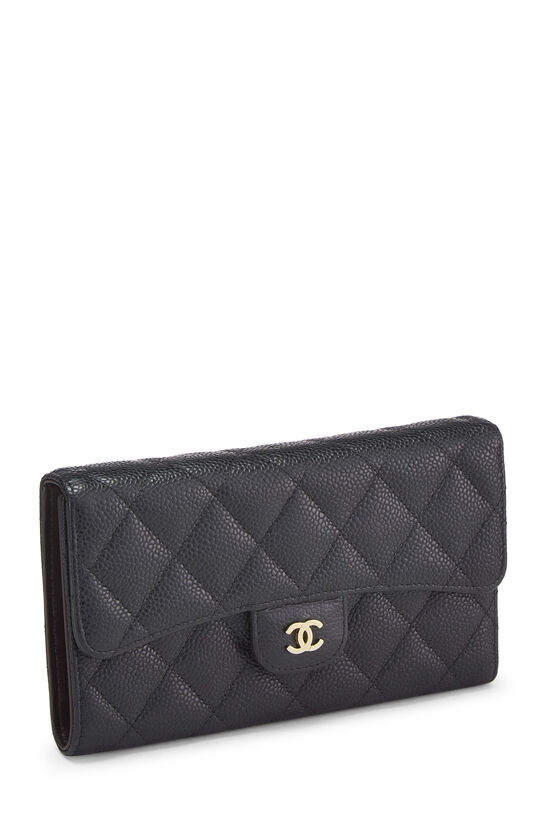 Black Quilted Caviar Long Flap Wallet, , large image number 1