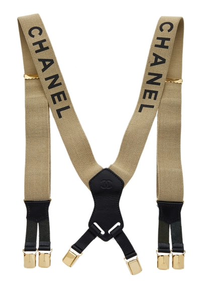Beige Elastic Logo Suspenders, , large