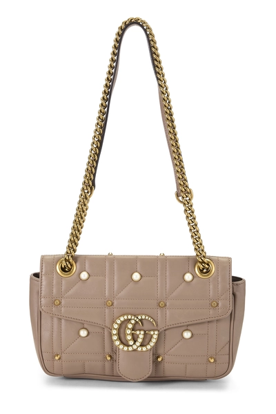 Beige Leather Pearl GG Marmont Shoulder Bag Small