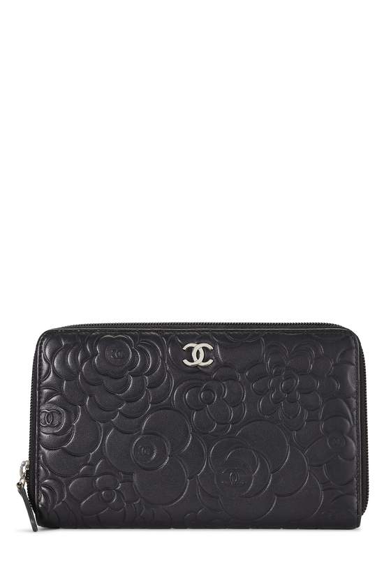 Black Embossed Lambskin Leather Camellia Zip Around Wallet Long, , large image number 0