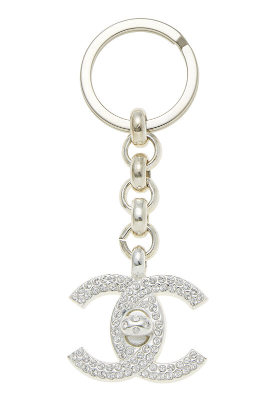 Silver & Crystal 'CC' Turnlock Keychain, , large image number 0