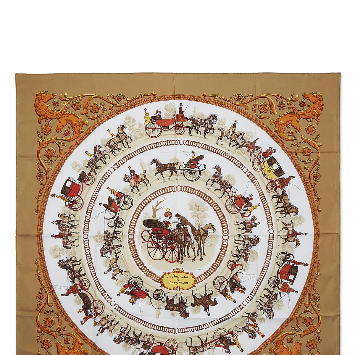 Hermès Brown & Multicolor 'La Promenade de Longchamps' Silk Scarf 90
