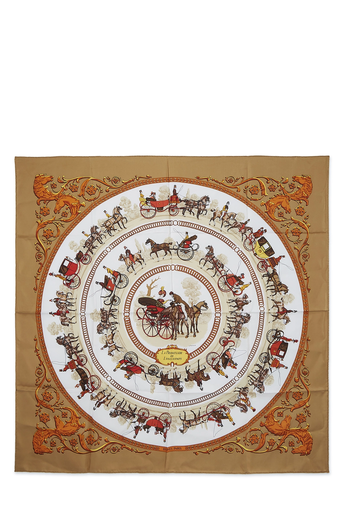 Brown & Multicolor 'La Promenade de Longchamps' Silk Scarf 90