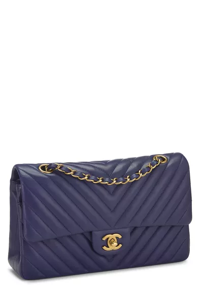 Navy Chevron Lambskin Classic Double Flap Medium, , large