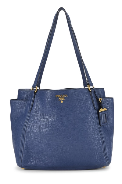 Prada Blue Vitello Daino Side Pocket Tote