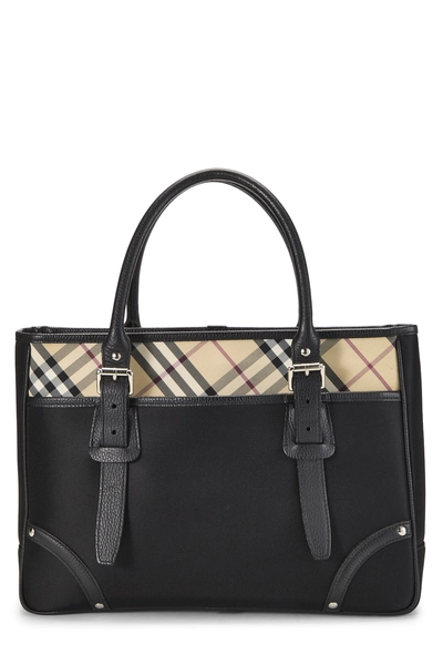 Burberry Black Nylon Check Zip Tote Medium
