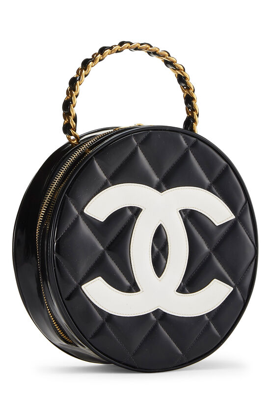 Black Quilted Patent Leather 'CC' Round Bag