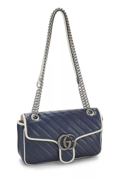 Navy Leather Torchon GG Marmont Shoulder Bag Small, , large