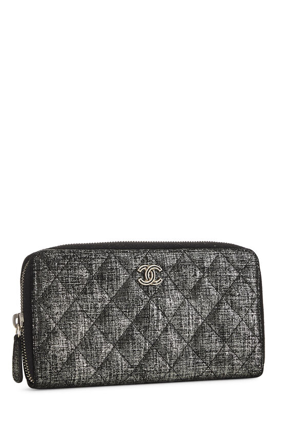 Chanel Metallic Silver & Black Quilted Fabric Zip-Around Wallet