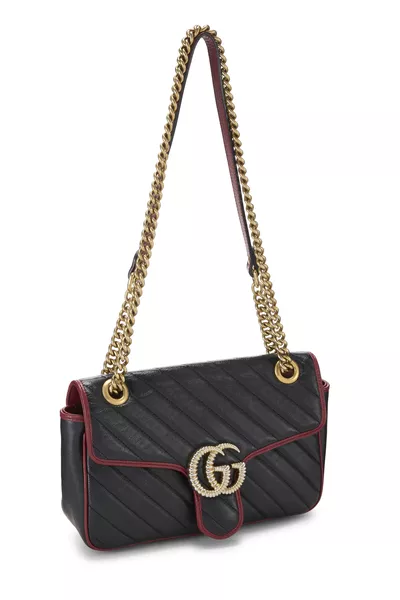 Black Leather Torchon GG Marmont Shoulder Bag Small, , large