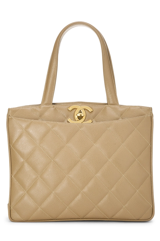 Beige Quilted Caviar 'CC' Turnlock Handbag, , large image number 0