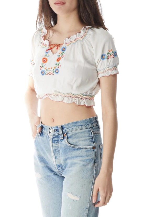 1930s White Embroidered Peasant Blouse, , large image number 1