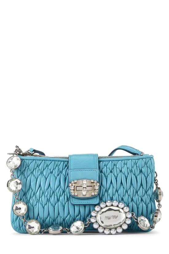 Blue Nappa Crystal Flap Clutch With Chain, , large image number 0