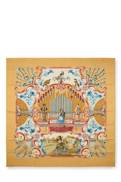 Yellow & Multicolor 'Orgauphone et Autres Mecaniques' Silk Scarf 90