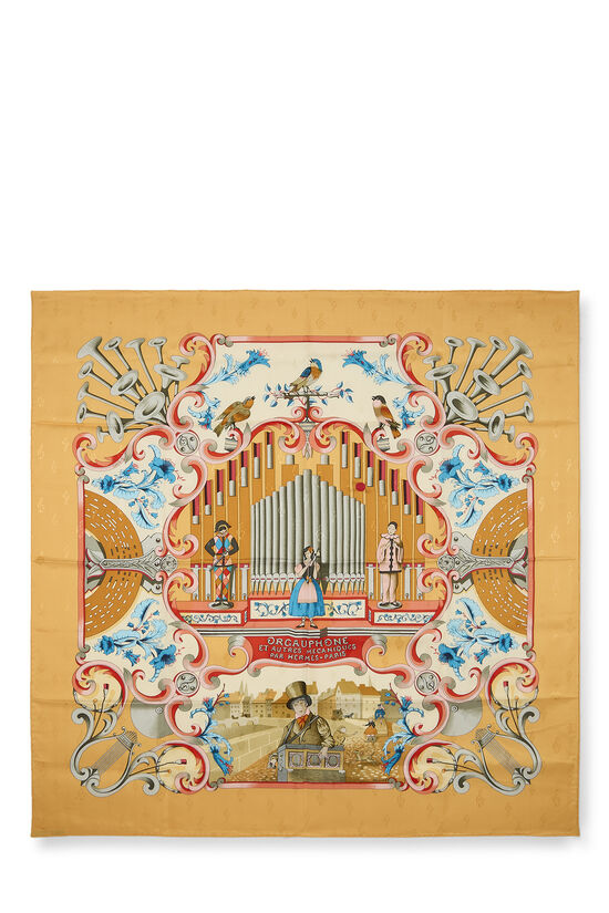 Yellow & Multicolor 'Orgauphone et Autres Mecaniques' Silk Scarf 90, , large image number 0