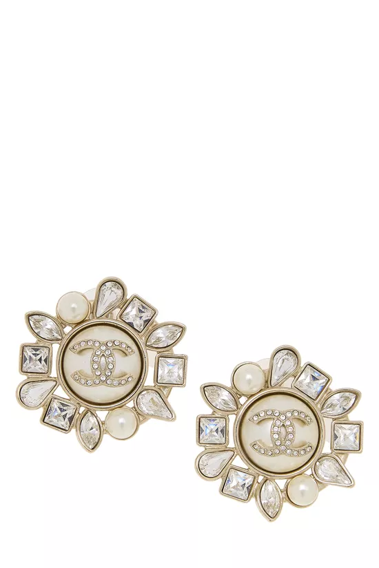 Gold & Faux Pearl Crystal 'CC' Earrings, , large image number 0