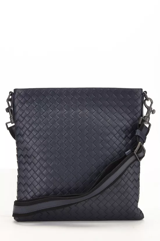 Navy Intrecciato Leather Flat Messenger Bag, , large image number 3