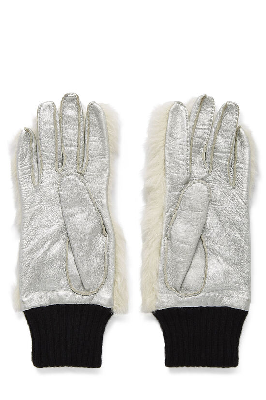 White Faux Fur 'CC' Gloves, , large image number 1