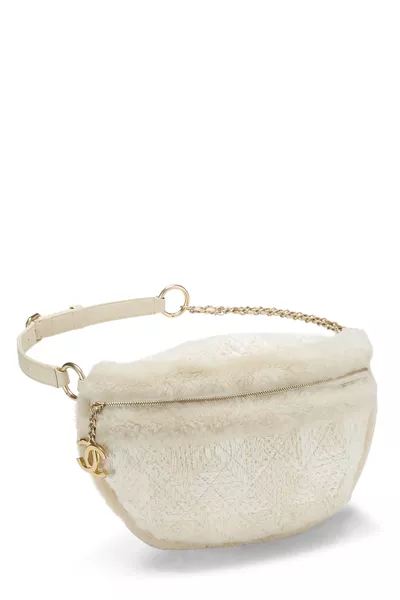 Ivory Tweed & Shearling Belt Bag, , large