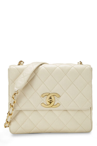 White Quilted Caviar Big 'CC' Square Flap