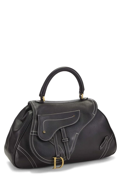 Black Leather Top Handle Saddle Bag, , large