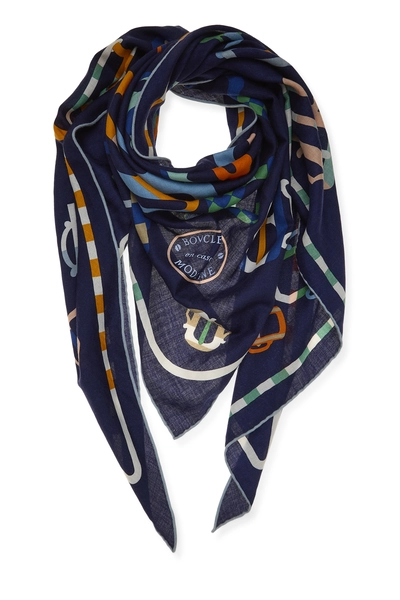 Navy & Multicolor 'Bouclerie Moderne en Casaques' Cashmere Triangle Scarf TGM, , large