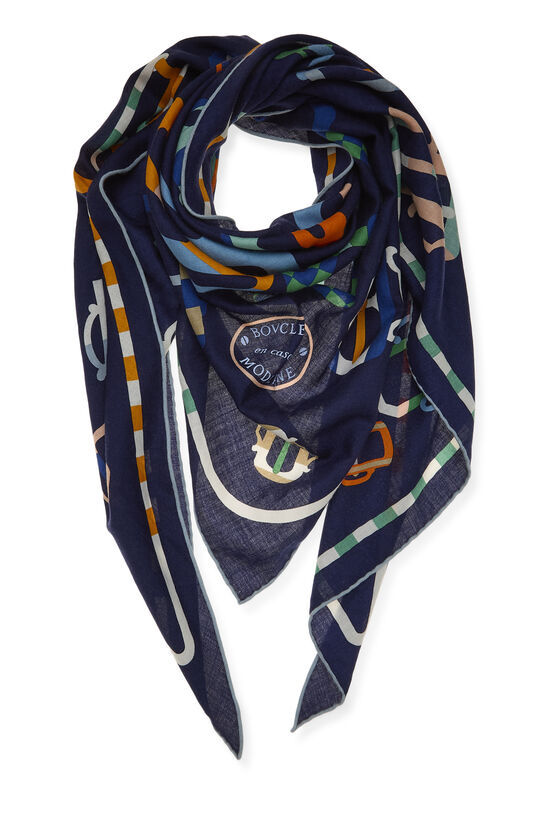 Navy & Multicolor 'Bouclerie Moderne en Casaques' Cashmere Triangle Scarf TGM, , large image number 1