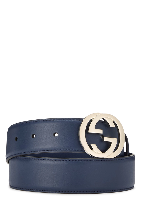 Navy Leather Interlocking GG Belt 80, , large image number 0
