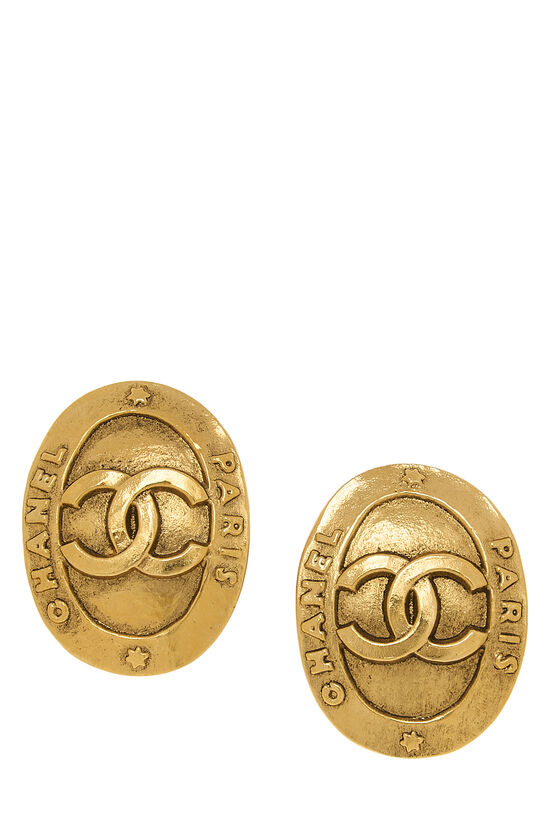Gold 'CC' Button Earrings, , large image number 0