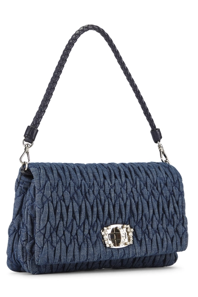 Navy Denim Crystal Flap Shoulder Bag, , large
