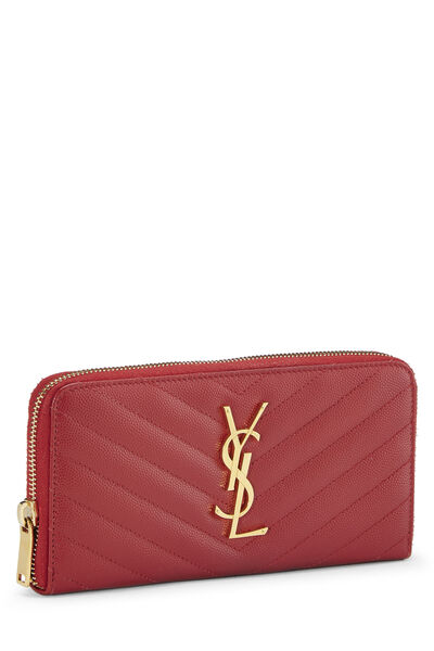 Red Chevron Grained Leather Zip Wallet, , large
