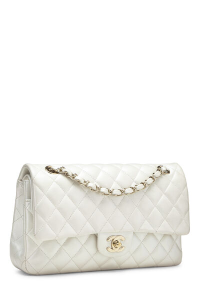 Iridescent White Quilted Lambskin Classic Double Flap Medium, , large