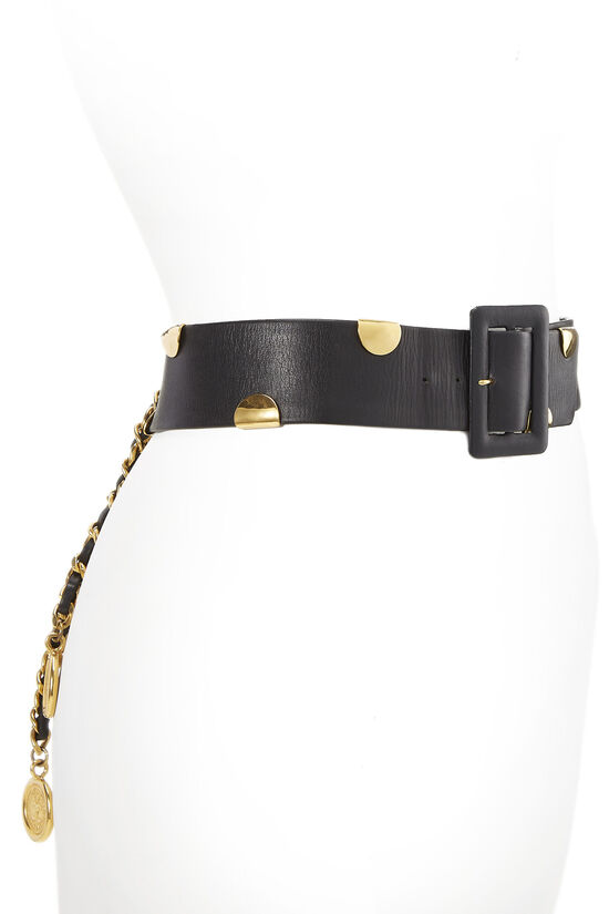 Black Leather & Chain Waist Belt 70, , large image number 1