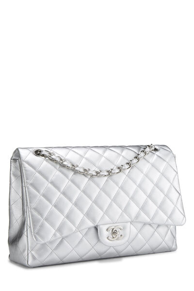 Metallic Silver Quilted Lambskin Classic Flap Maxi, , large