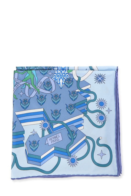 Pre-Owned Blue & Multicolor 'La Source de Pegase' Silk Scarf 90